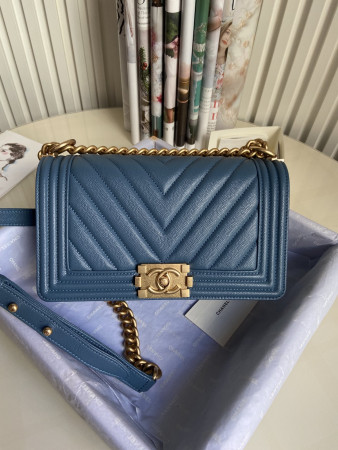 BOY Ch*el HANDBAG Shiny Grained Calfskin & Gold-Tone Metal Blue 5.9 × 9.8 × 3.5 in
