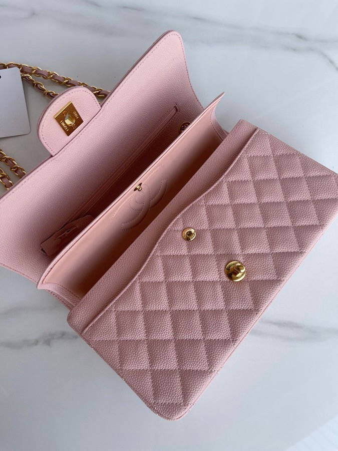 Ch*el CLASSIC HANDBAG GRAINED CALFSKIN & GOLD-TONE METAL PINK 6 × 9.9 × 2.5 in