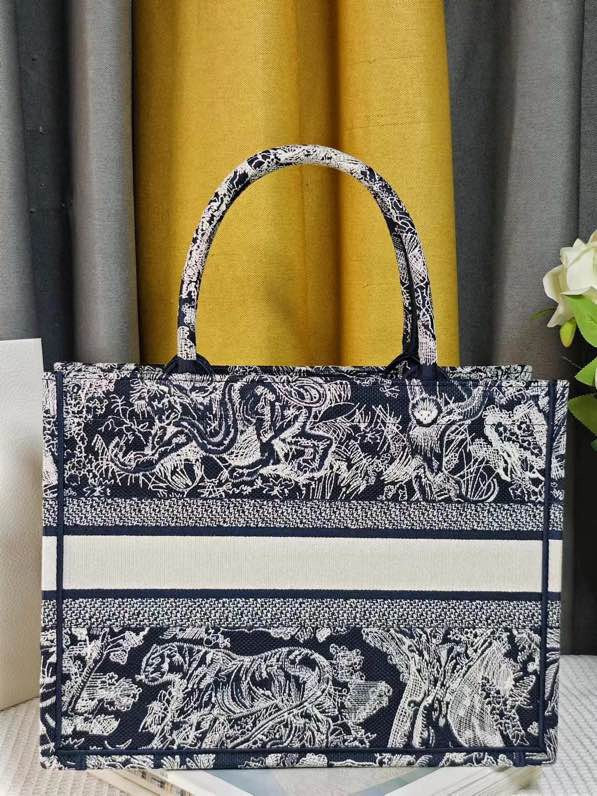 LARGE D*0r BOOK TOTE Blue and Ecru Toile de Jouy Reverse Embroidery 16.5 x 14 x 7.5 inches