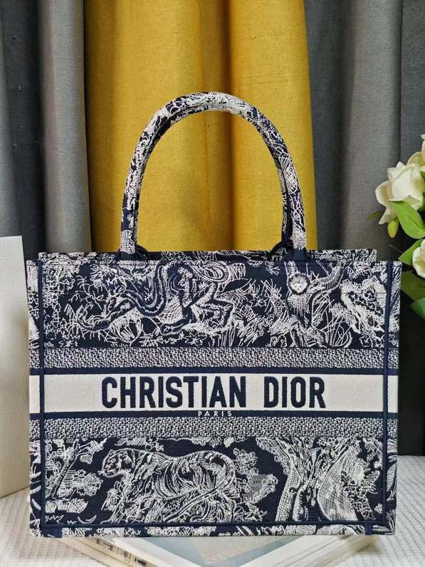LARGE D*0r BOOK TOTE Blue and Ecru Toile de Jouy Reverse Embroidery 16.5 x 14 x 7.5 inches