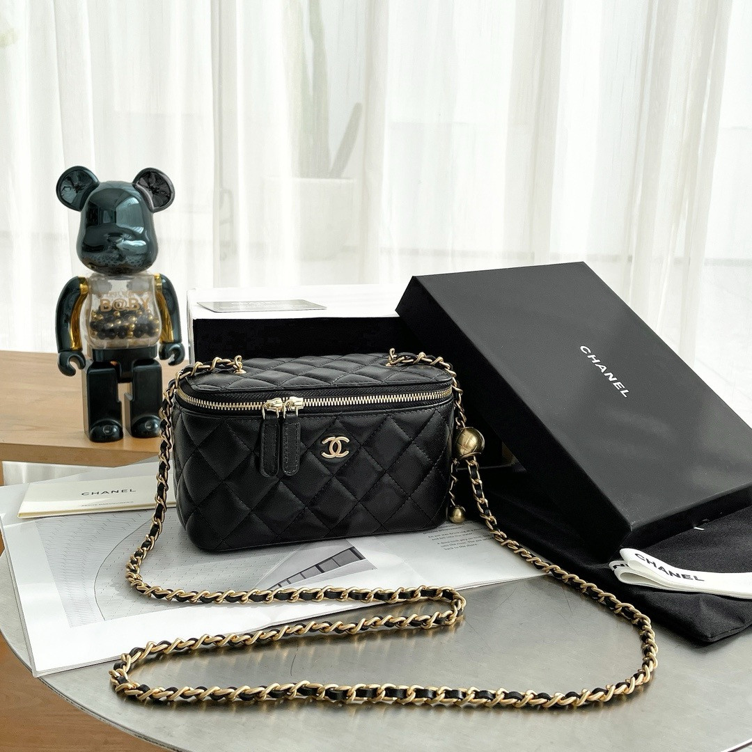 Ch*el Walnut Gold Ball Chain with Makeup Mirror Lamb Leather Square Box Shoulder Bag Women's Black