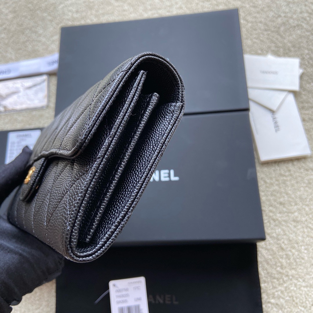 Ch*el FLAP WALLET GRAINED LEATHER BLACK GOLD 19.5 x10 cm