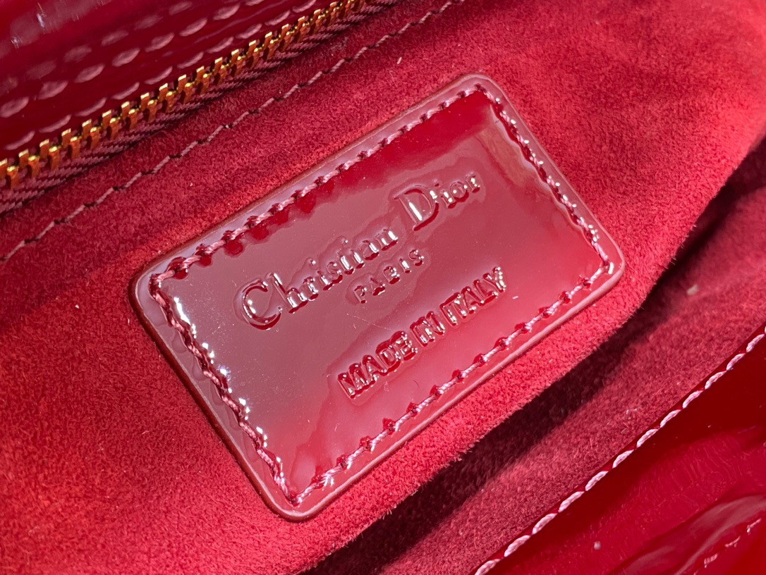 Mini Lady D*0r Bag  Cherry Red Patent Cannage Calfskin 6.5 x 6 x 3 inches