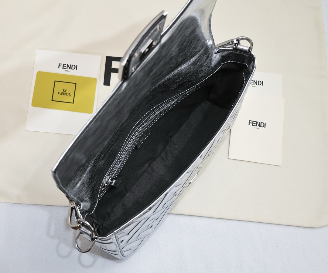 F**di Baguette Phone Pouch Craquelé silver leather pouch 26x6x15cm