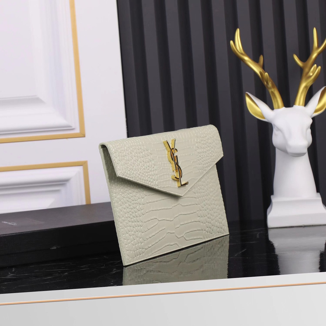 Y*L UPTOWN POUCH IN CROCODILE-EMBOSSED SHINY LEATHER BLANC VINTAGE 10.6 X 6.2 X 0.7 INCHES