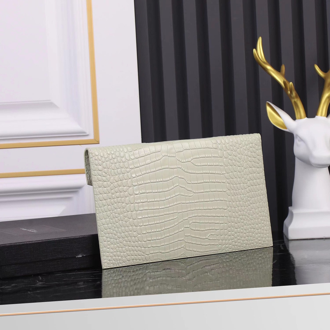 Y*L UPTOWN POUCH IN CROCODILE-EMBOSSED SHINY LEATHER BLANC VINTAGE 10.6 X 6.2 X 0.7 INCHES