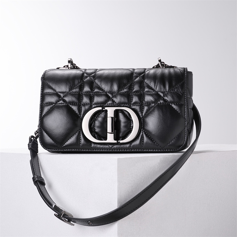 SMALL D*0r CARO BAG BLACK S*pple Cannage Calfskin With Silver Hardware 20 x 12 x 7 cm