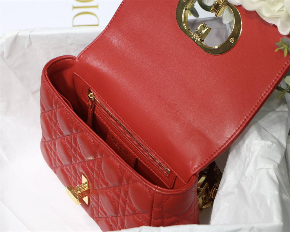 SMALL D*0r CARO BAG Red S*pple Cannage Calfskin 20 x 12 x 7 cm