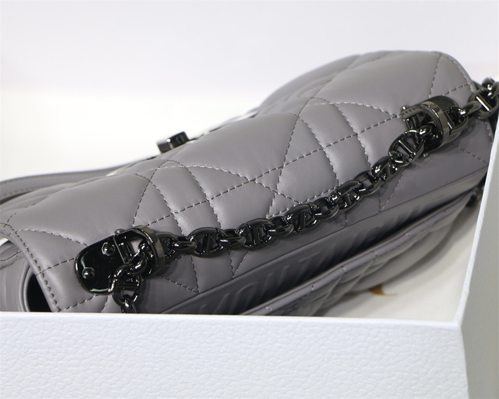 SMALL D*0r CARO BAG Grey S*pple Cannage Calfskin With Silver Hardware 20 x 12 x 7 cm