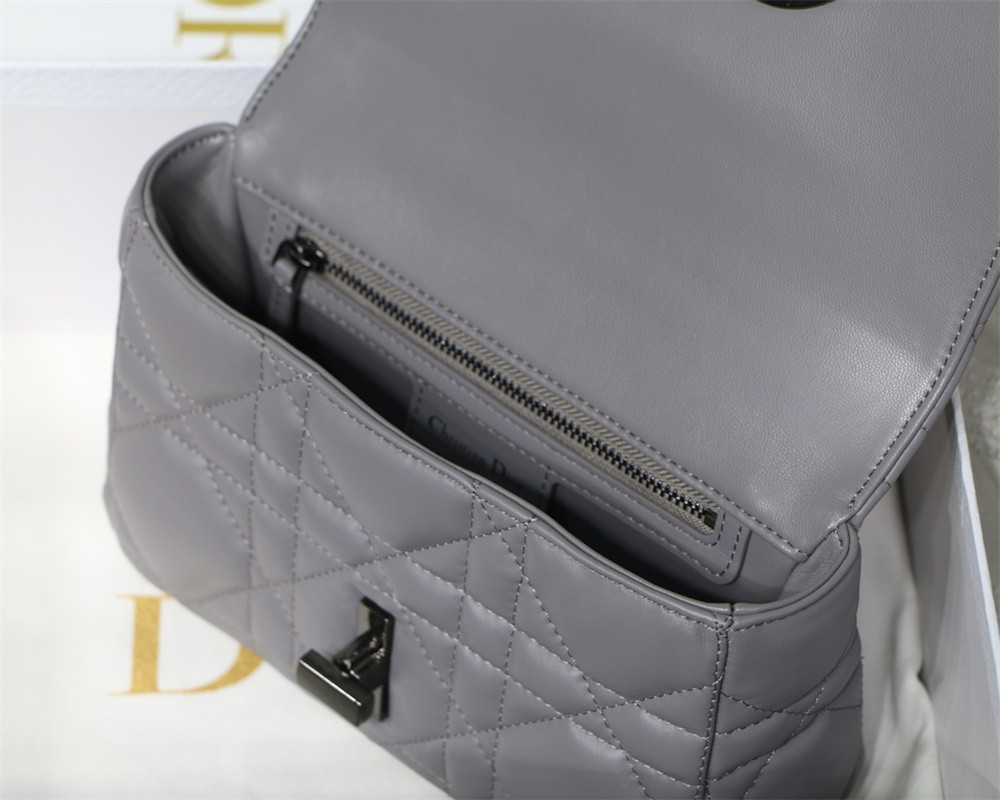 SMALL D*0r CARO BAG Grey S*pple Cannage Calfskin With Silver Hardware 20 x 12 x 7 cm
