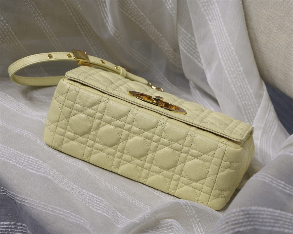 MEDIUM D*0r CARO BAG light yellow S*pple Cannage Calfskin 25.5 x 15.5 x 8 cm