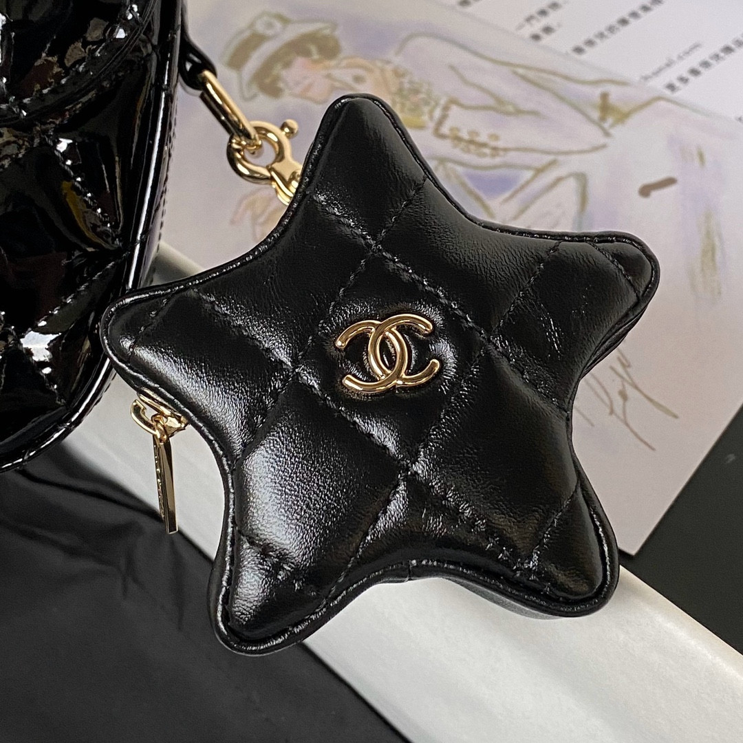 Ch*el FLAP BAG & STAR COIN PURSE BLACK 15.5×24×7.5cm