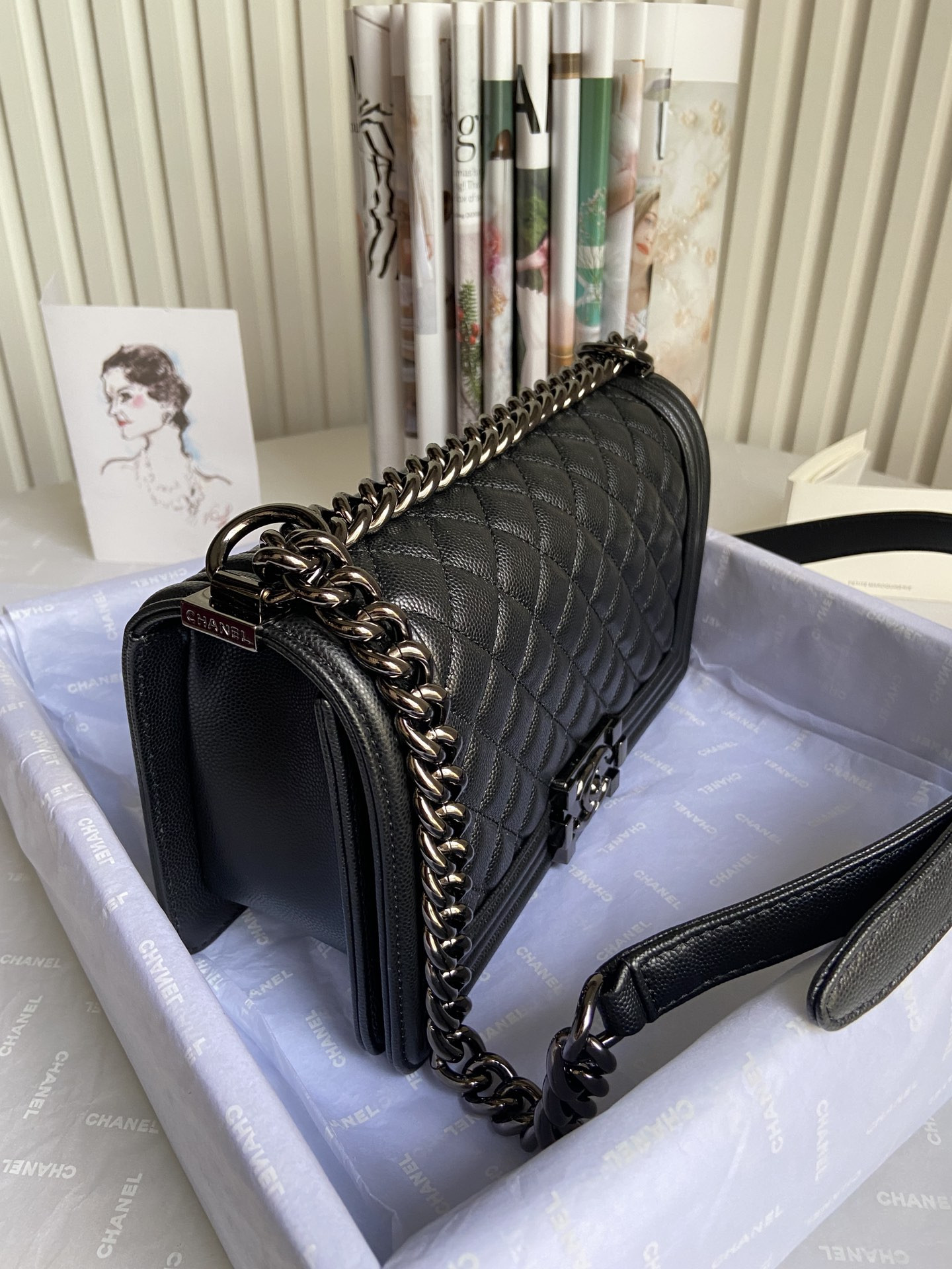 BOY Ch*el HANDBAG Shiny Grained Calfskin Black 5.9 × 9.8 × 3.5 in
