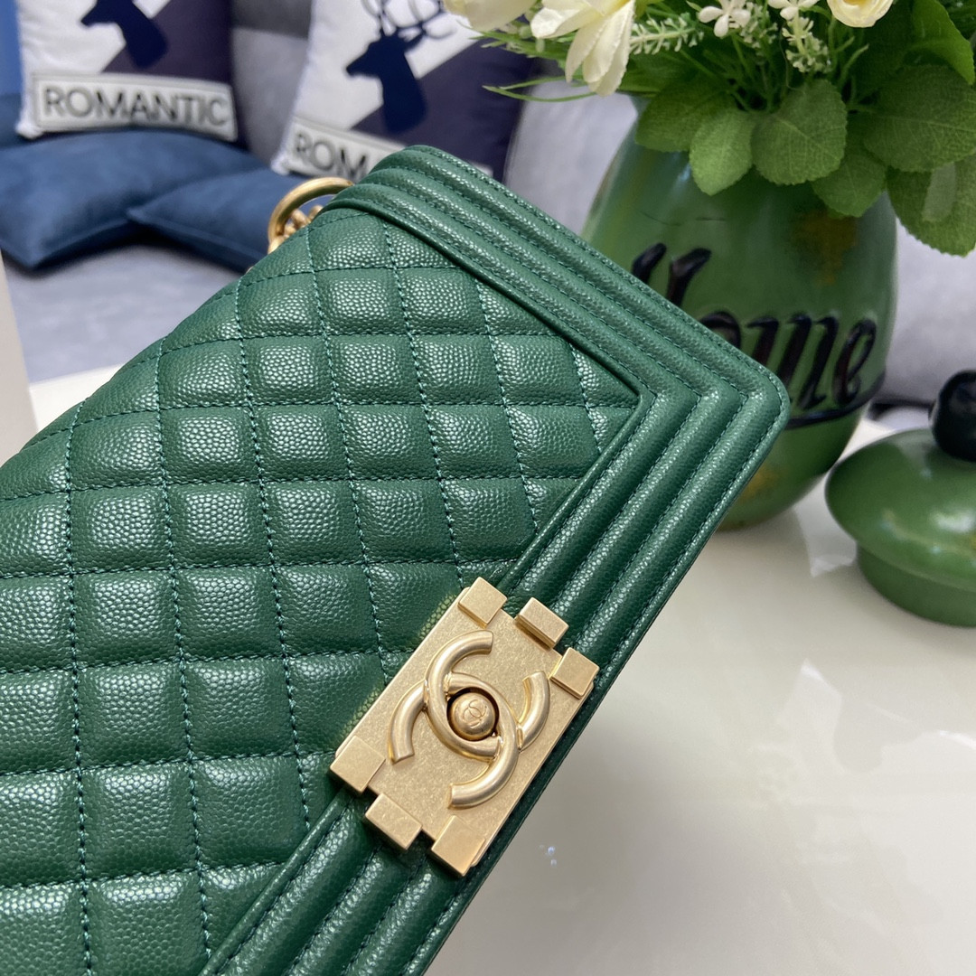 BOY Ch*el HANDBAG Shiny Grained Calfskin & Gold-Tone Metal Green 5.9 × 9.8 × 3.5 in