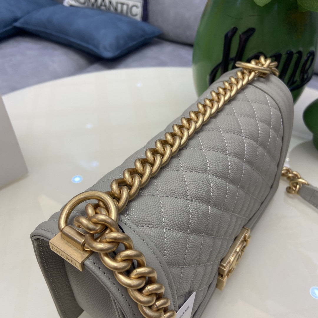 BOY Ch*el HANDBAG Shiny Grained Calfskin & Gold-Tone Metal Gray 5.9 × 9.8 × 3.5 in