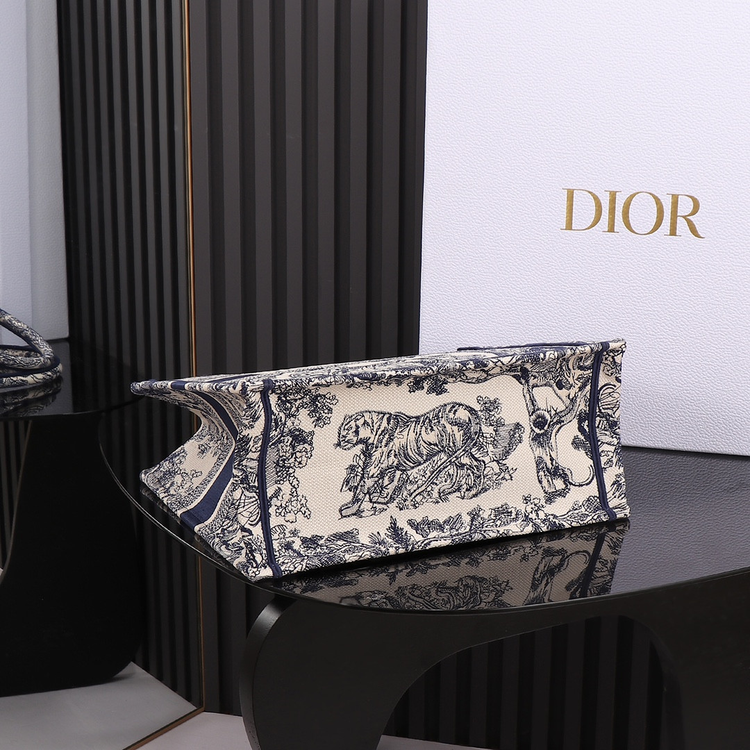 Medium D*0r Book Tote  Ecru and Blue Toile de Jouy Embroidery 14 x 11 x 6.5 inches