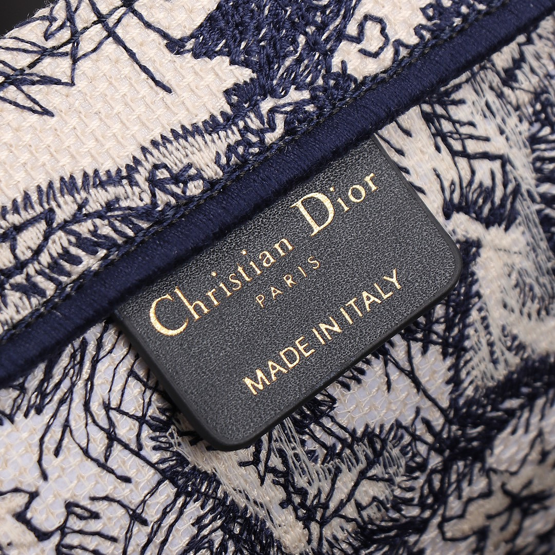 Medium D*0r Book Tote  Ecru and Blue Toile de Jouy Embroidery 14 x 11 x 6.5 inches