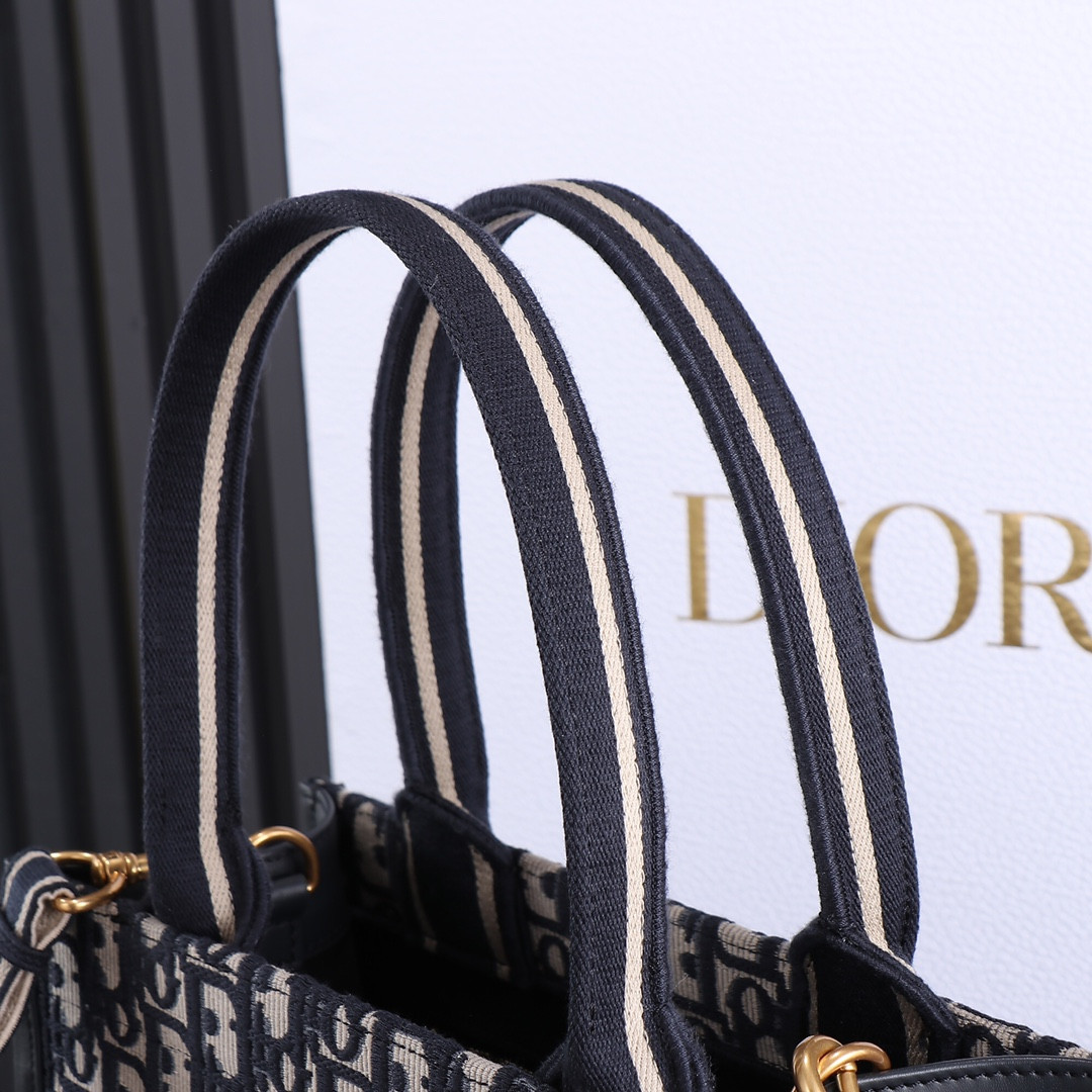 Small D*0r Book Tote Blue D*0r Oblique Embroidery and Calfskin 10.5 x 8.5 x 5.5 inches