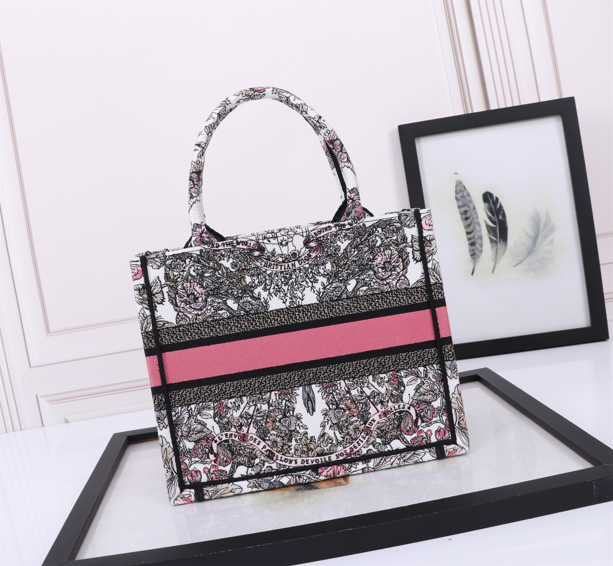 Small D*0r BOOK TOTE WHITE AND PASTEL PINK BUTTERFLY AROUND THE WORLD EMBROIDERY  10.5 x 8.5 x 5.5 inches