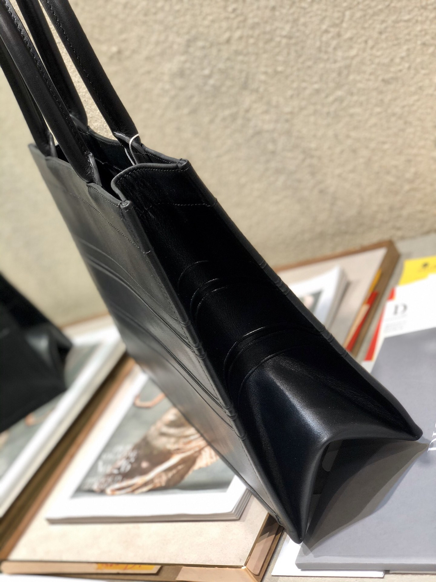 Calfskin Embossed Medium D*0r Book Tote Black 14 x 11 x 6.5 inches