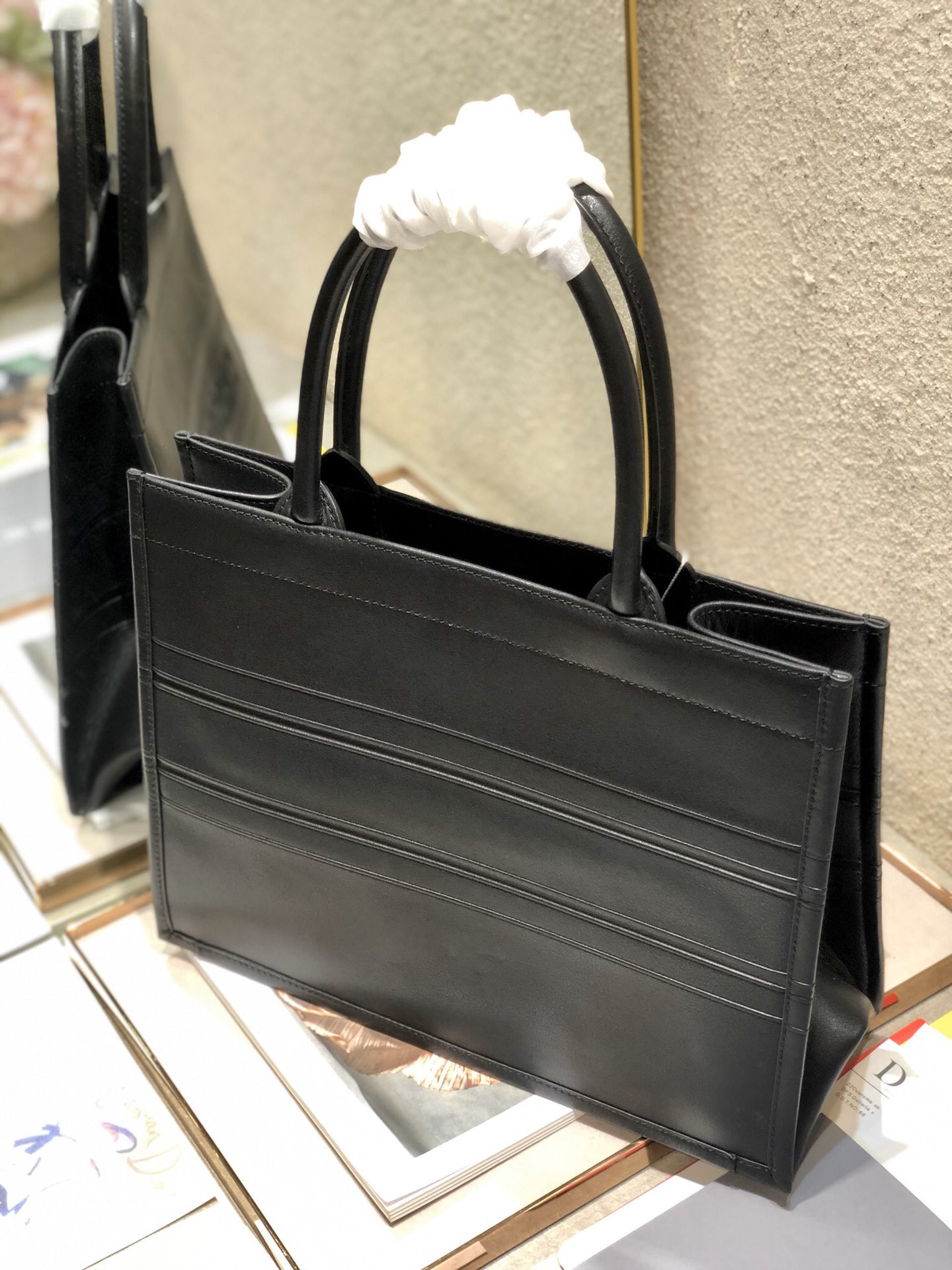 Calfskin Embossed Medium D*0r Book Tote Black 14 x 11 x 6.5 inches