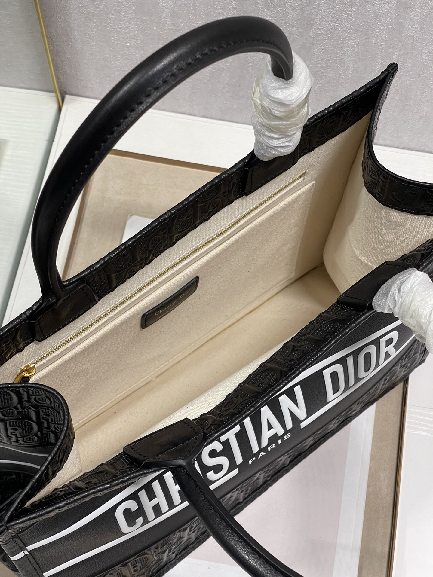 Calfskin Embossed Medium D*0r Book Tote Black WHITE 14 x 11 x 6.5 inches