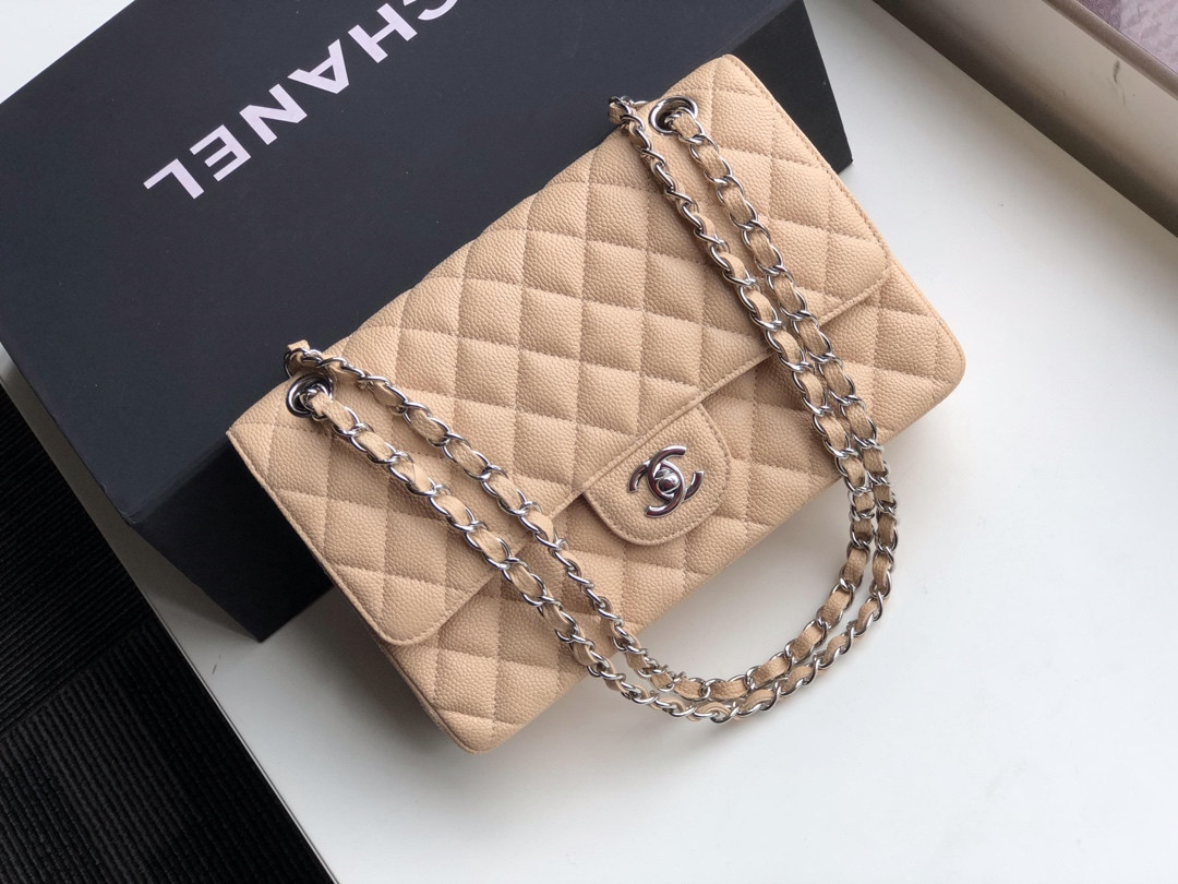 Ch*el CLASSIC HANDBAG GRAINED CALFSKIN & SILVER-TONE METAL COFFEE 6 × 9.9 × 2.5 in