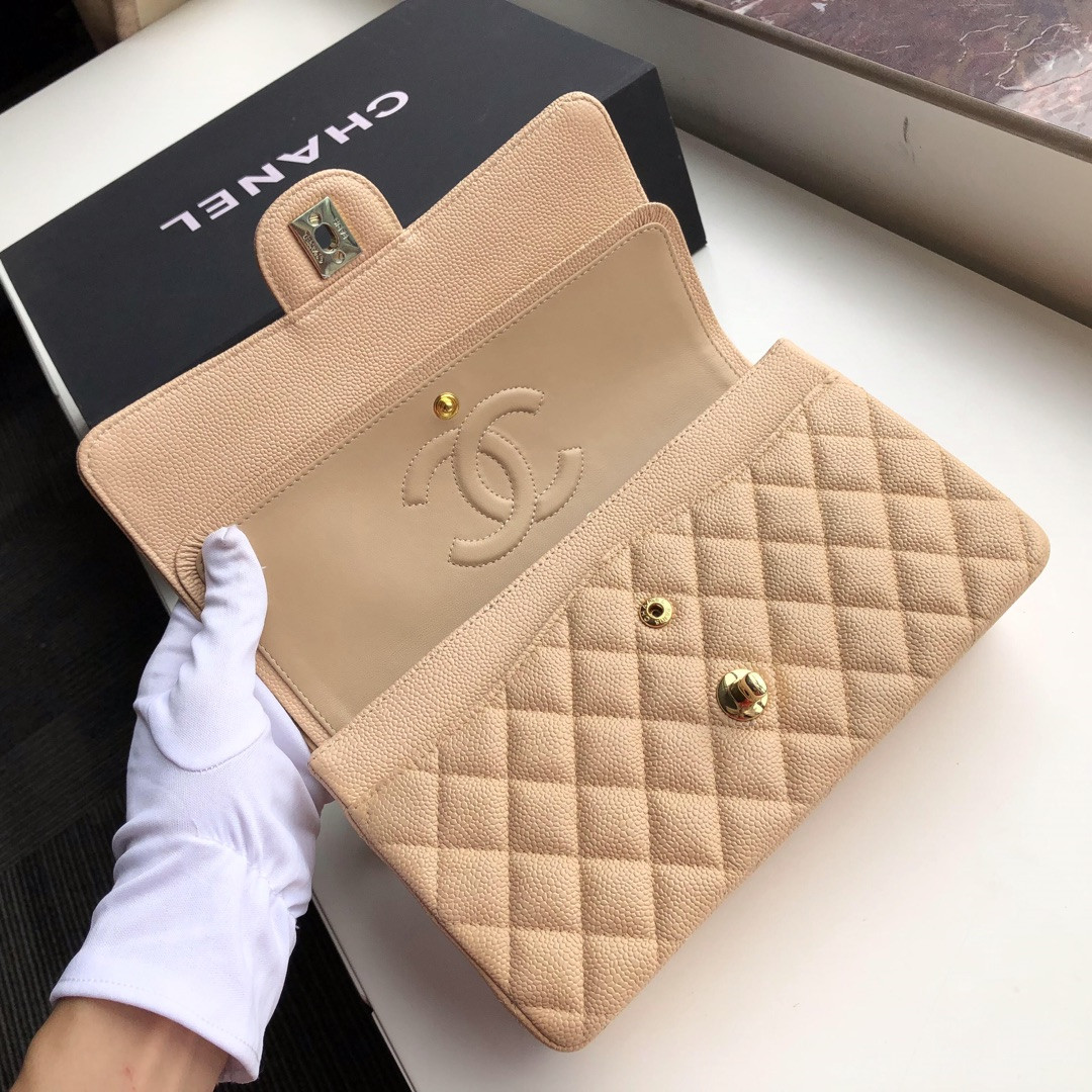 Ch*el CLASSIC HANDBAG GRAINED CALFSKIN & Gold-TONE METAL COFFEE 6 × 9.9 × 2.5 in