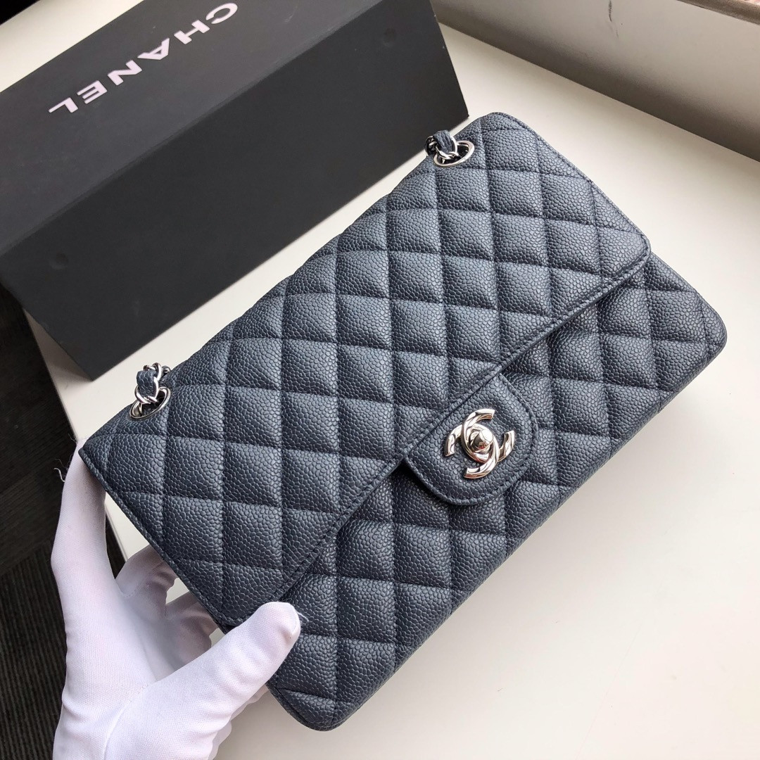 Ch*el CLASSIC HANDBAG GRAINED CALFSKIN & SILVER-TONE METAL NAVY 6 × 9.9 × 2.5 in