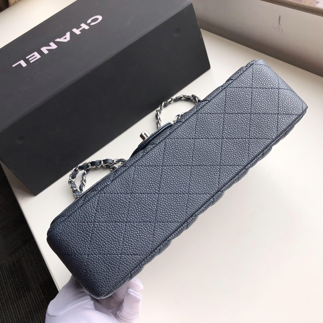 Ch*el CLASSIC HANDBAG GRAINED CALFSKIN & SILVER-TONE METAL NAVY 6 × 9.9 × 2.5 in