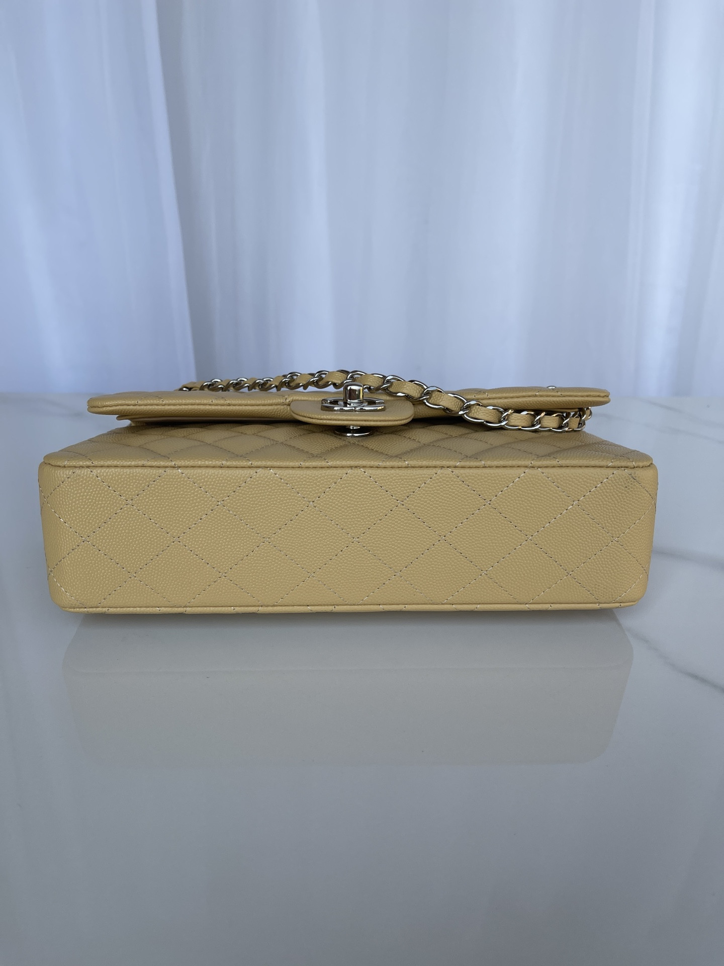 Ch*el CLASSIC HANDBAG GRAINED CALFSKIN & SILVER-TONE METAL YELLOW 6 × 9.9 × 2.5 in