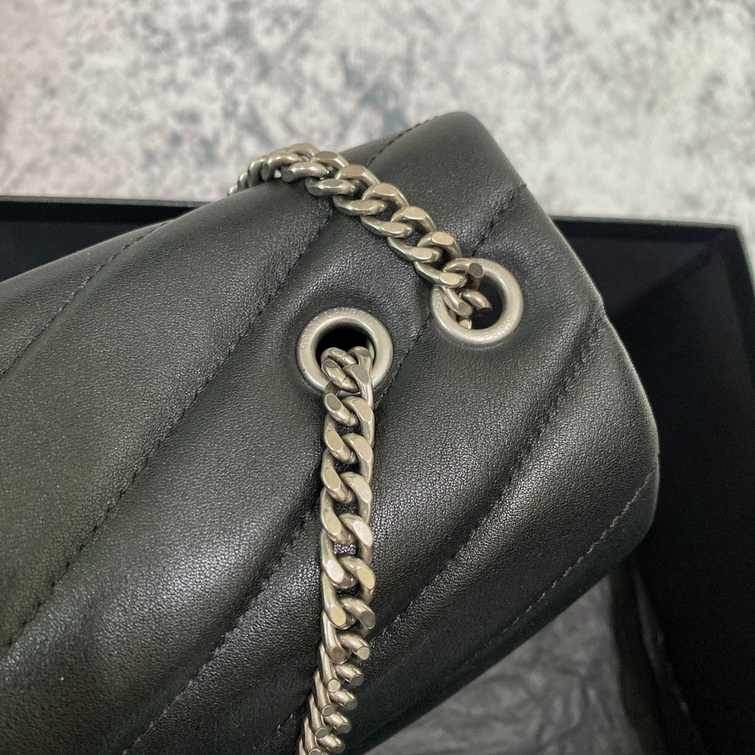 Y*L LOULOU SMALL IN QUILTED LEATHER BLACK SILVER 9 X 6.1 X 3.3 INCHES