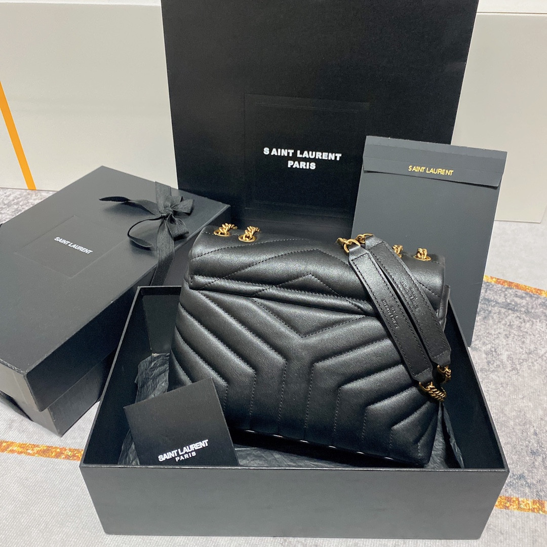 Y*L LOULOU SMALL IN QUILTED LEATHER BLACK GOLD 9 X 6.1 X 3.3 INCHES