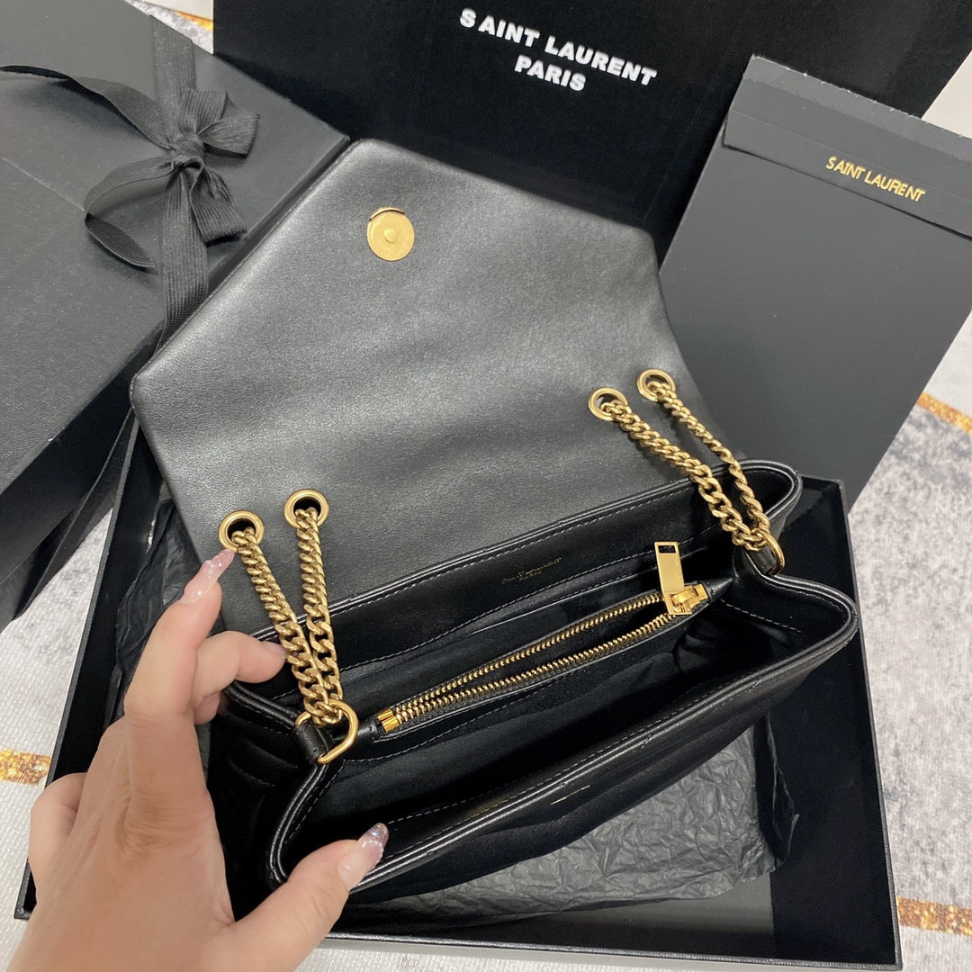 Y*L LOULOU SMALL IN QUILTED LEATHER BLACK GOLD 9 X 6.1 X 3.3 INCHES