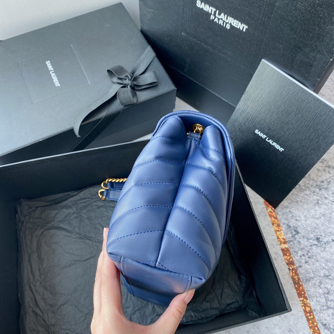 Y*L LOULOU SMALL IN QUILTED LEATHER BLUE GOLD 9 X 6.1 X 3.3 INCHES