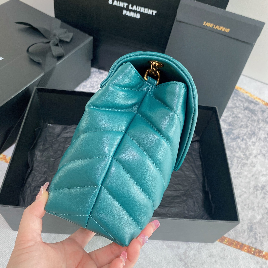 Y*L LOULOU SMALL IN QUILTED LEATHER BLUE GOLD 9 X 6.1 X 3.3 INCHES