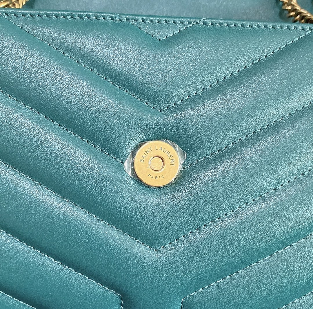 Y*L LOULOU SMALL IN QUILTED LEATHER BLUE GOLD 9 X 6.1 X 3.3 INCHES