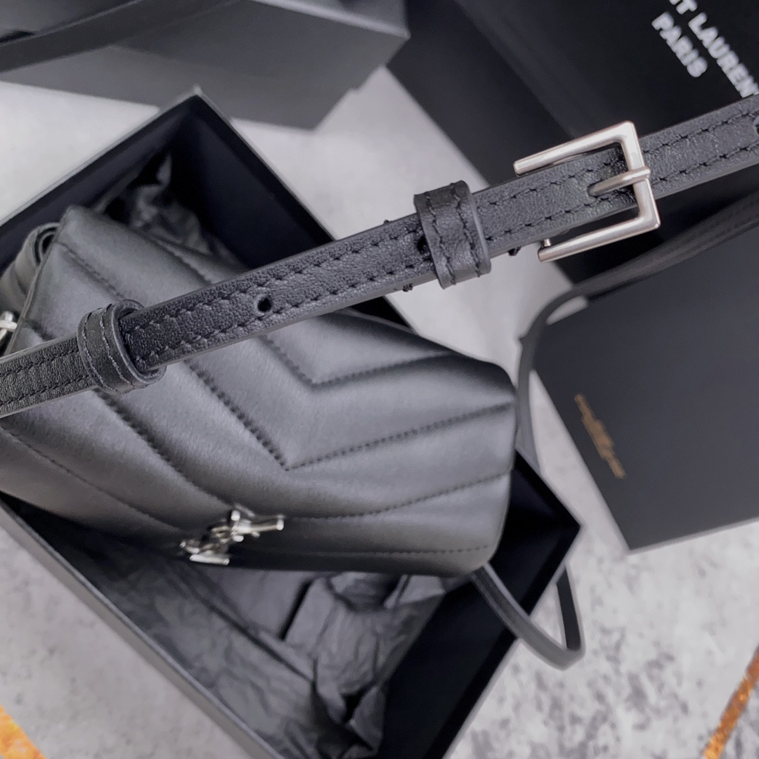 Y*L TOY LOULOU IN QUILTED LEATHER BLACK SILVER 7.9 X 5.5 X 3 INCHES