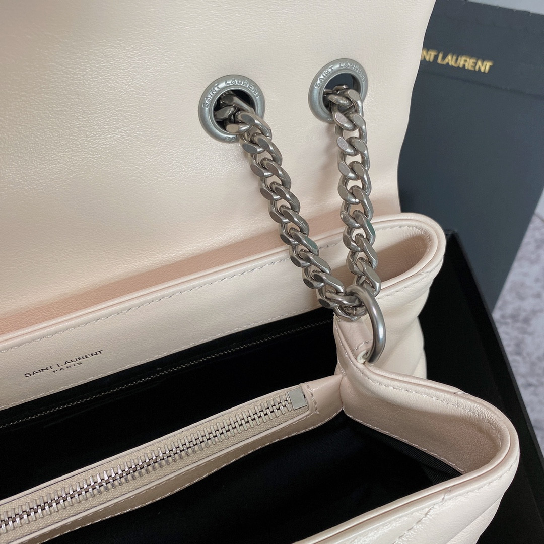 Y*L LOULOU MEDIUM IN QUILTED LEATHER BLANC VINTAGE SILVER 12.5 X 8.6 X 3.5 INCHES