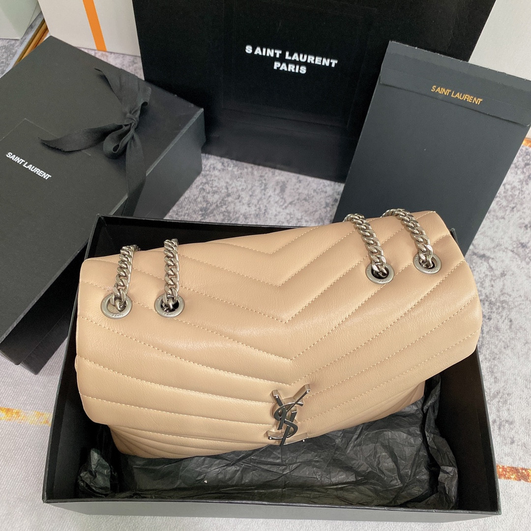 Y*L LOULOU MEDIUM IN QUILTED LEATHER DARK BEIGE SILVER 12.5 X 8.6 X 3.5 INCHES