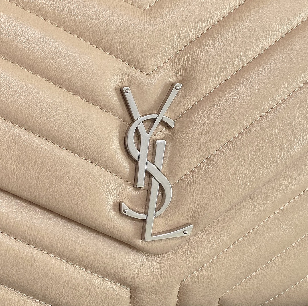 Y*L LOULOU MEDIUM IN QUILTED LEATHER DARK BEIGE SILVER 12.5 X 8.6 X 3.5 INCHES
