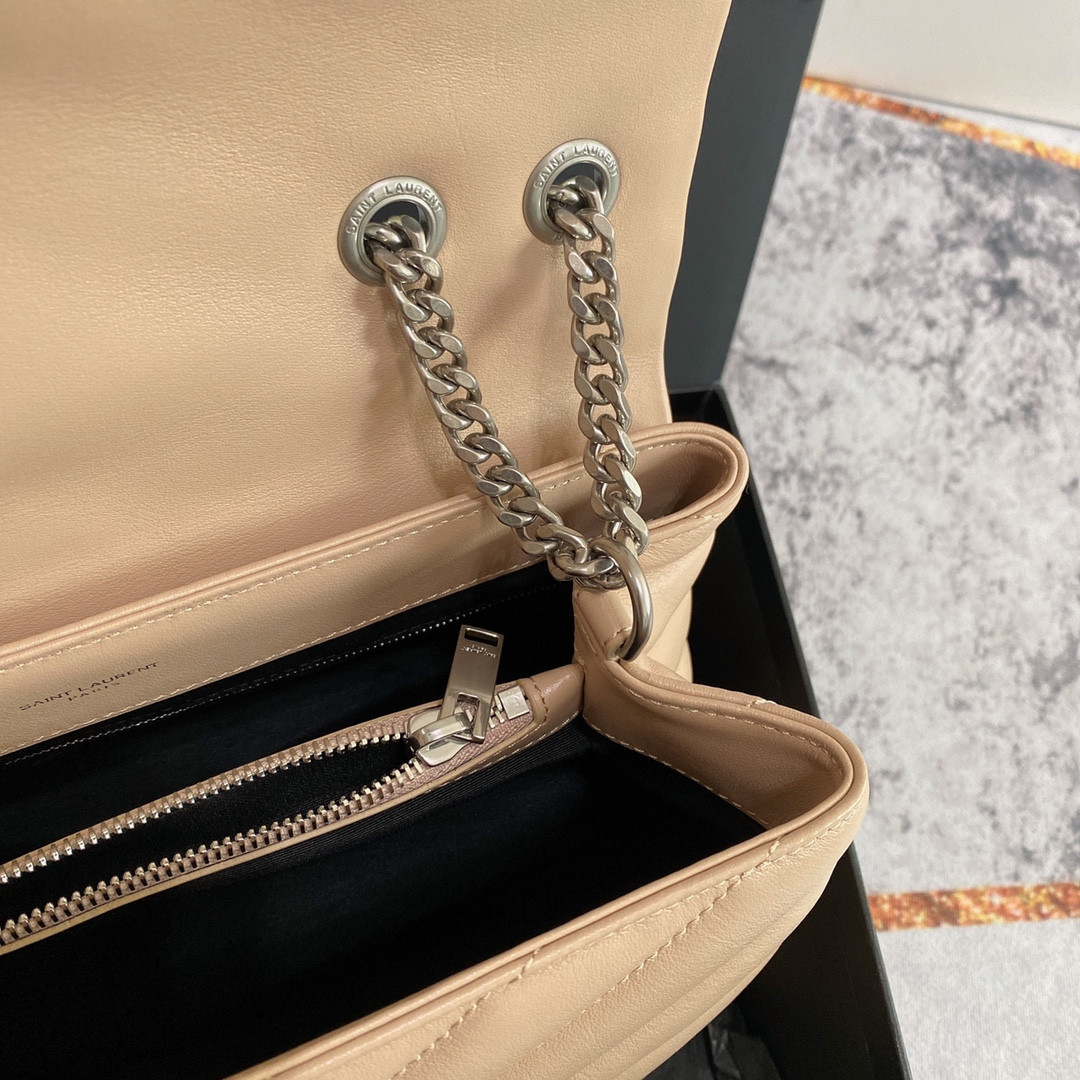 Y*L LOULOU MEDIUM IN QUILTED LEATHER DARK BEIGE SILVER 12.5 X 8.6 X 3.5 INCHES