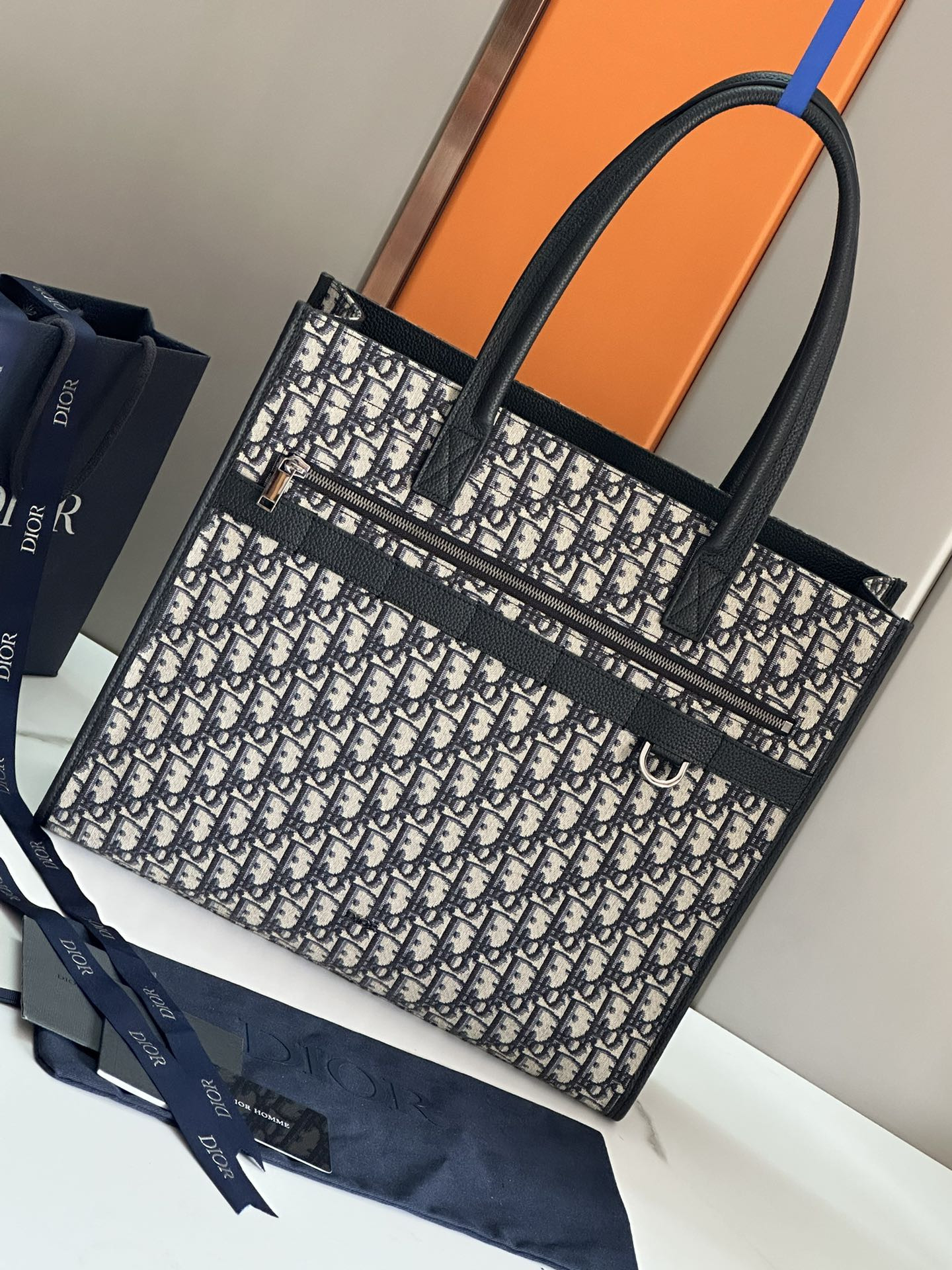 D*0r Safari Tote Bag Blue D*0r Oblique Jacquard and Grained Calfskin 15.5 x 14 x 4.5 inches