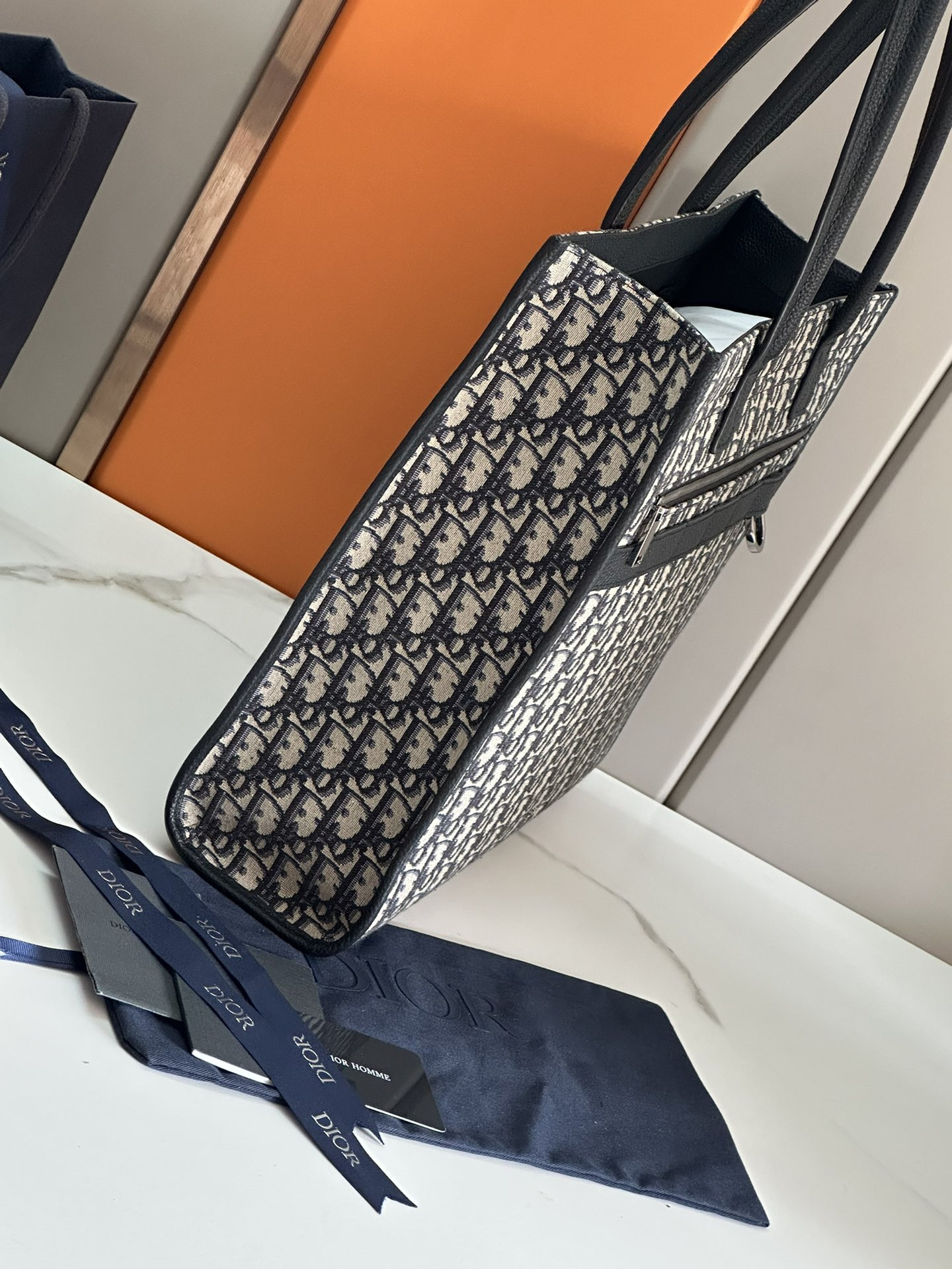 D*0r Safari Tote Bag Blue D*0r Oblique Jacquard and Grained Calfskin 15.5 x 14 x 4.5 inches