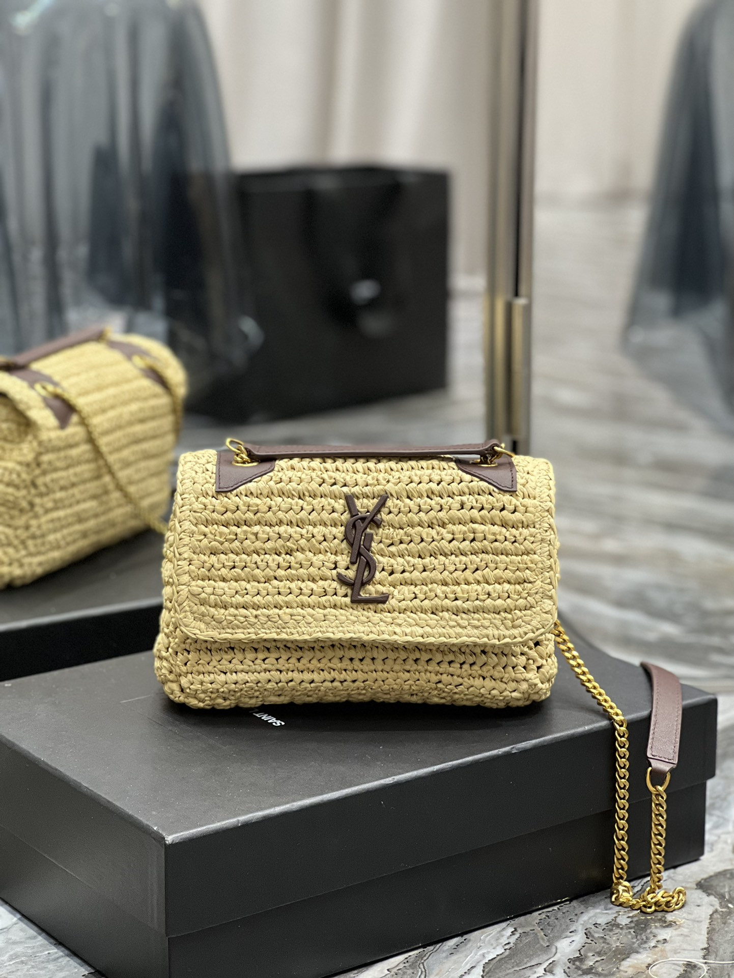 Y*L NIKI CHAIN BAG IN RAFFIA AND LEATHER BEIGE 22×16.5×12 CM