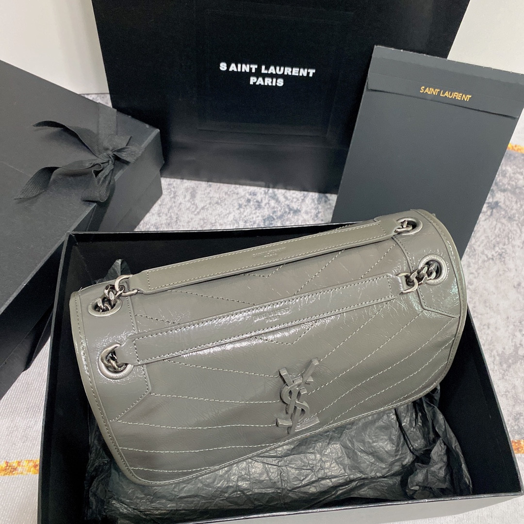 Y*L NIKI MEDIUM IN VINTAGE LEATHER STORM 11 X 7.8 X 3.3 INCHES