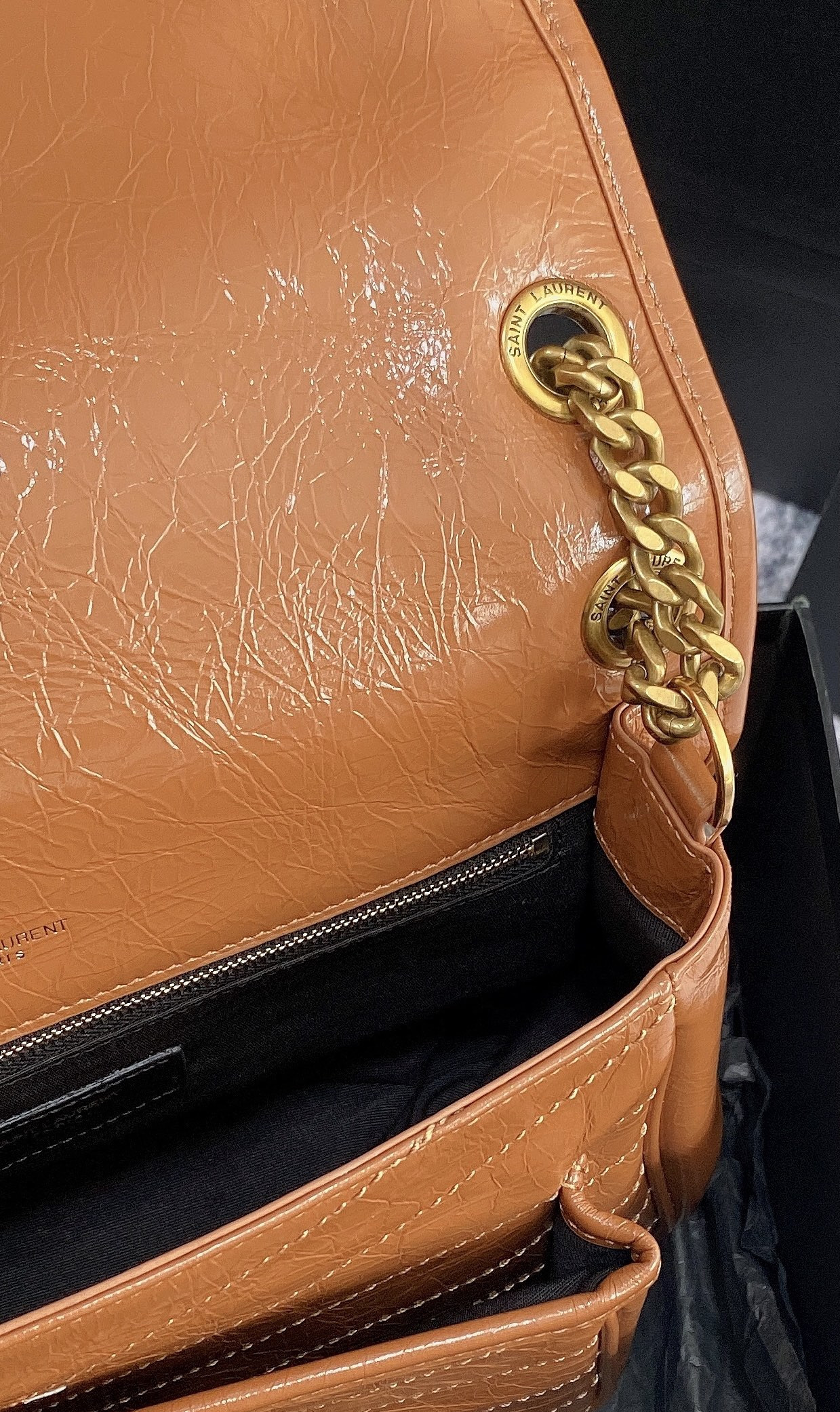 Y*L NIKI MEDIUM IN VINTAGE LEATHER LIGHT CARAMEL 11 X 7.8 X 3.3 INCHES