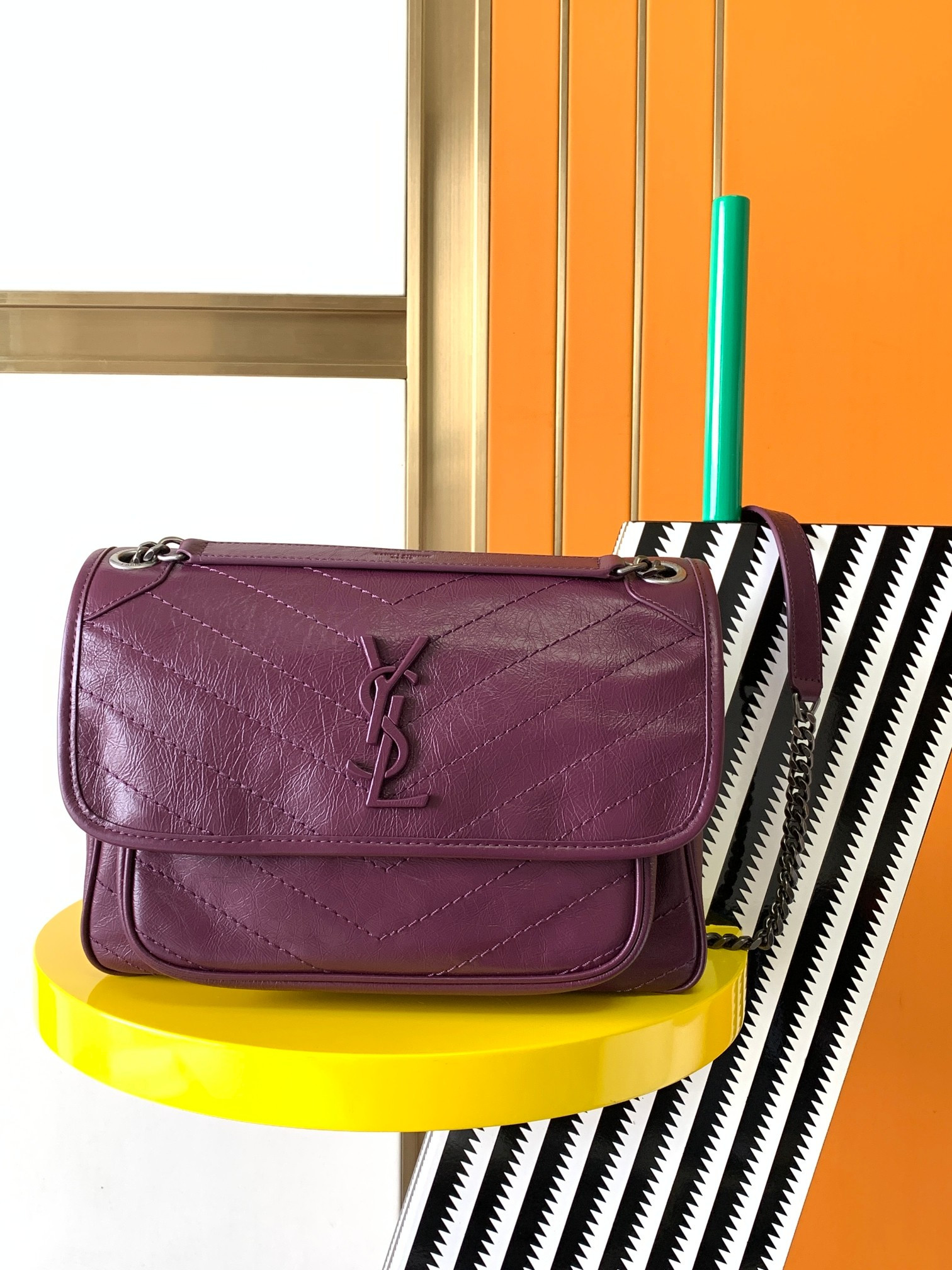 Y*L NIKI MEDIUM IN VINTAGE LEATHER PURPLE 11 X 7.8 X 3.3 INCHES