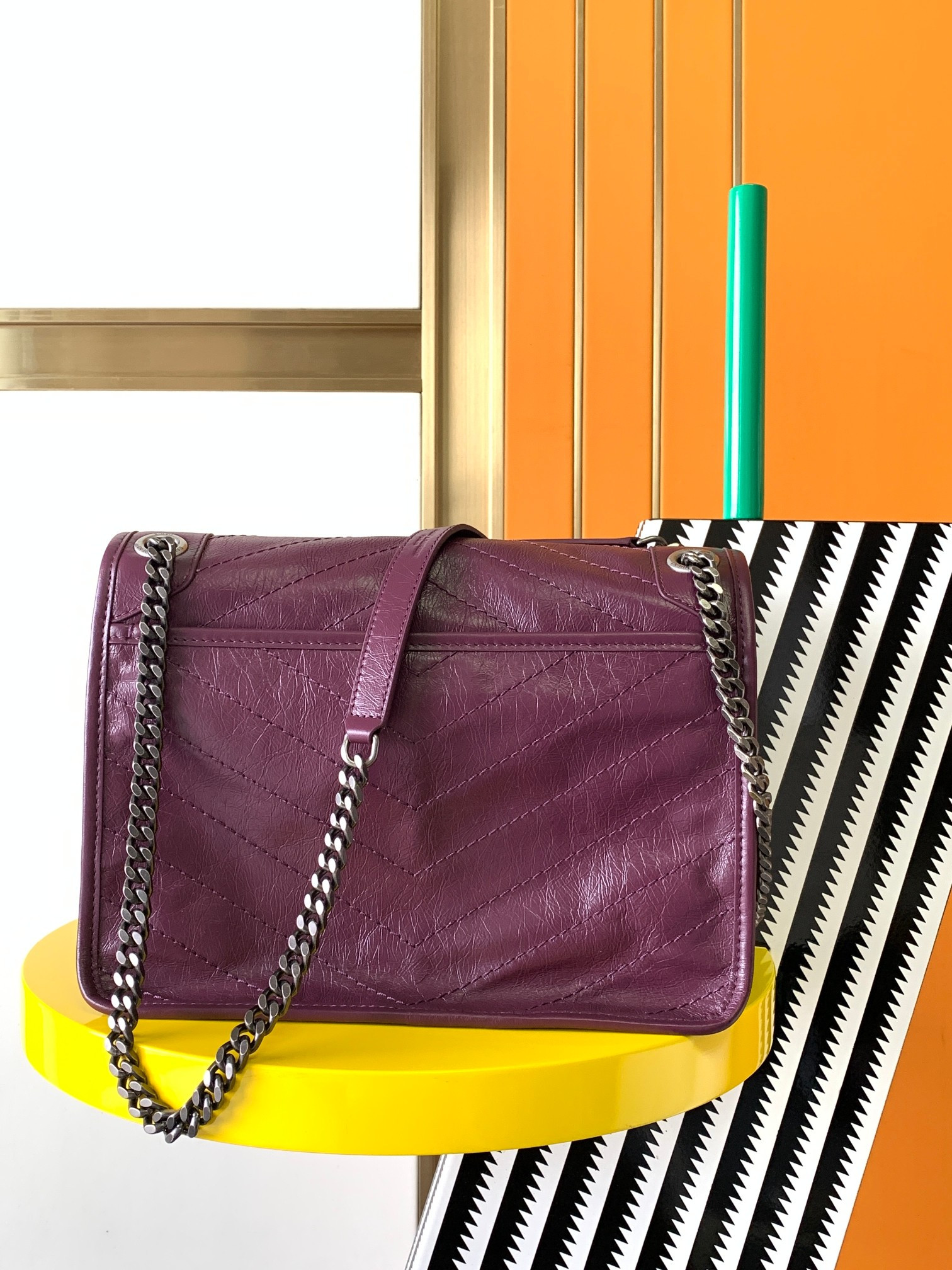 Y*L NIKI MEDIUM IN VINTAGE LEATHER PURPLE 11 X 7.8 X 3.3 INCHES