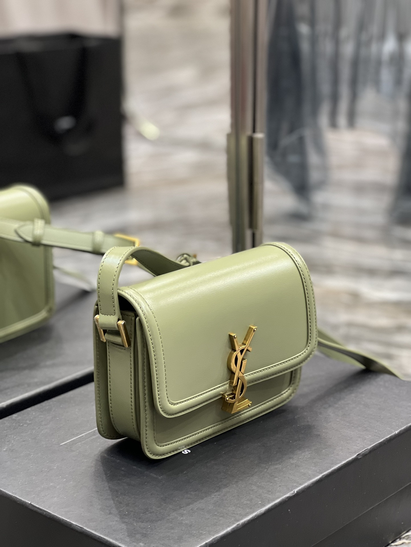 Y*L SOLFERINO SMALL SATCHEL IN BOX SAINT LIGHT GREEN 7.4 X 5.1 X 1.9 INCHES